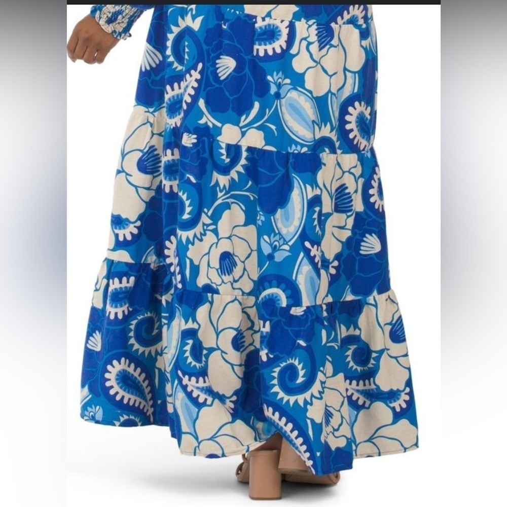 House of Harlow Long Sleeve Repeat Linen Top Tiered Skirt Set Matching flower - Picture 3 of 12